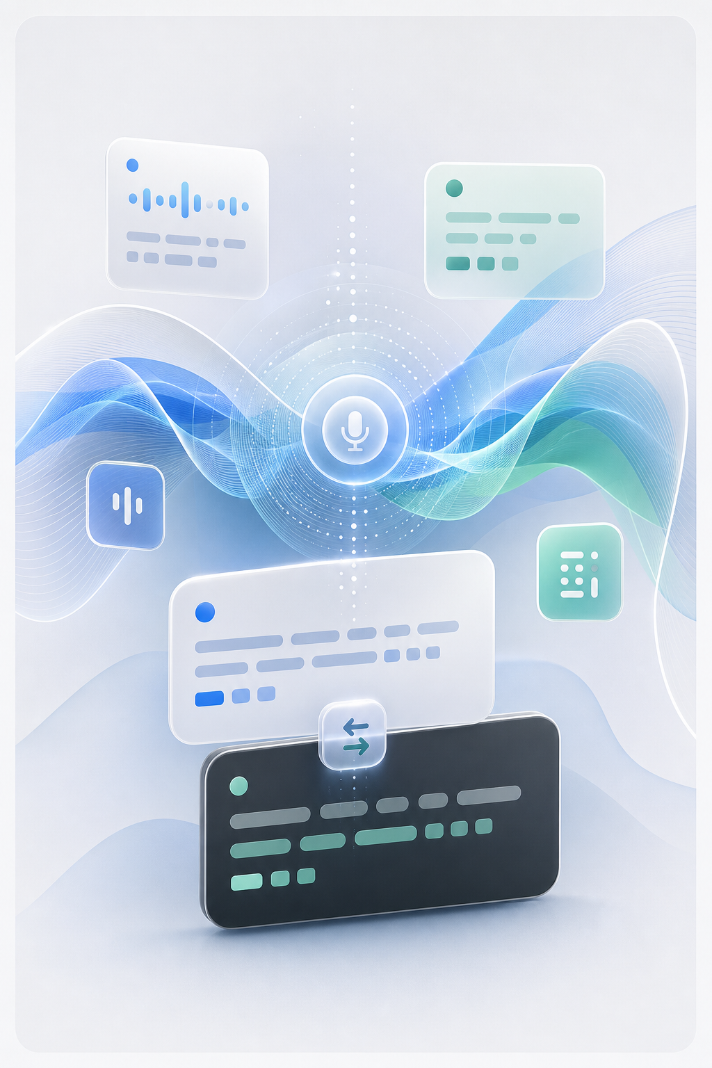Abstract Speji visual showing audio waves becoming translated caption cards